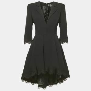 Pre Owned Elisabetta Franchi Black Crepe Lace Trim Flared Mini Dress M