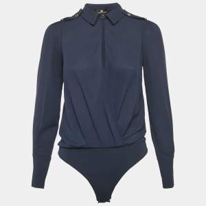 Elisabetta Franchi Navy Blue Chiffon Plunging Neck Bodysuit S