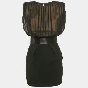 Elisabetta Franchi Black Crepe Detachable Skirt Pleated Mini Dress S