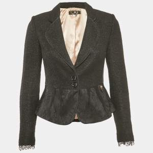 Elisabetta Franchi Black Tweed Button Front Lace Detail Jacket S