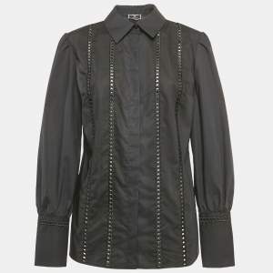Elisabetta Franchi Black Embroidered Cotton Button Front Blouse M