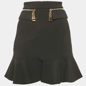 Elisabetta Franchi Black Zipper Detail Crepe Flounce Mini Skirt S