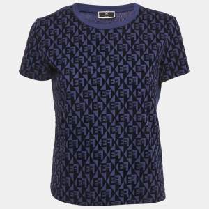 Elisabetta Franchi Blue Monogram Flocked Jersey T-Shirt S