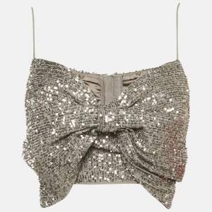 Elisabetta Franchi Silver Sequin Mesh Bow Detail Crop Top M