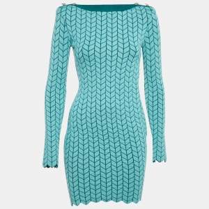 Elisabetta Franchi Blue Patterned Stretch Knit Scallop Hem Bodycon Dress S