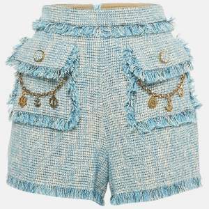 Elisabetta Franchi Blue Cotton Fringed Chain Detail Shorts M