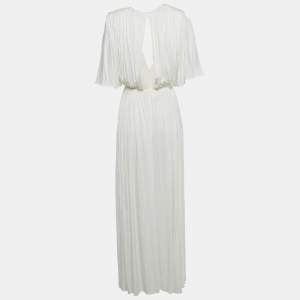 Pre Owned Elisabetta Franchi White Jersey Plunging Neck Gathered Maxi Dress S