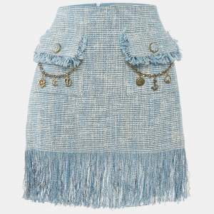 Elisabetta Franchi Blue Charm Detail Tweed Fringed Mini Skirt M