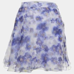 Elisabetta Franchi Purple Floral Printed Organze Tiered Mini Skirt M