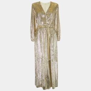Pre Owned Elisabetta Franchi Gold Sequin Belted Wrap Maxi Dress M