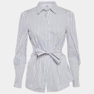 Elisabetta Franchi White & Blue Striped Cotton Tie Detail Shirt S