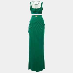 Elisabetta Franchi Green Velvet Top and Skirt Set M