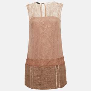 Elisabetta Franchi Beige/Dusty Rose Lace and Tweed Mini Dress S