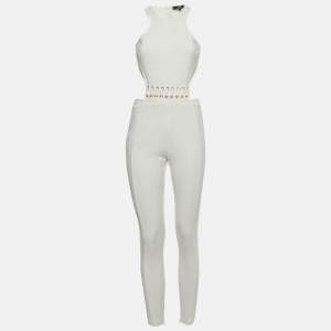 Pre Owned Elisabetta Franchi White Jersey Lace Up Backless Jumpsuit M
