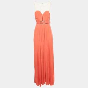 Pre Owned Elisabetta Franchi Coral Tulle Trim Peated Jersey Belted Dress L