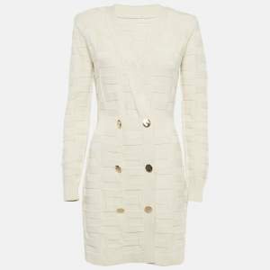 Pre Owned Elisabetta Franchi Cream Textured Knit Double Breasted Cardigan Mini Dress M