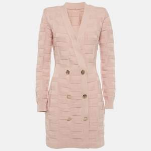 Pre Owned Elisabetta Franchi Pink Textured Knit Double Breasted Cardigan Mini Dress M