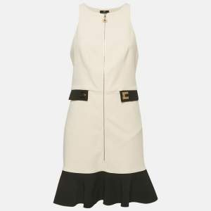 Elisabetta Franchi Cream Crepe Flounced Hem Mini Dress L