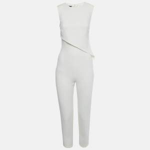Pre Owned Elisabetta Franchi Off White Crepe Asymmetric Belted Jumpsuit S 