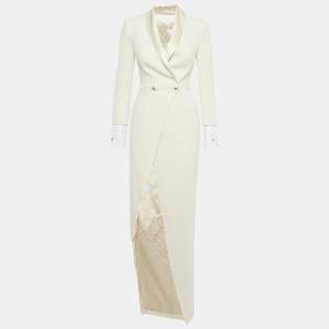 Pre Owned Elisabetta Franchi Cream Crepe Double Breasted Asymmetric Long Coat S