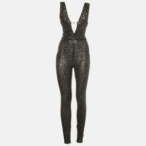 Pre Owned Elisabetta Franchi Black Sequins Plunge Neck Body Fitted Jumpsuit S  