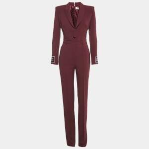 Pre Owned Elisabetta Franchi Burgundy Logo Applique Crepe Jumpsuit S