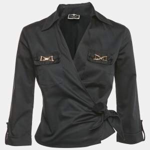 Pre Owned Elisabetta Franchi Black Cotton Buckle Detail Wrap Around Top M
