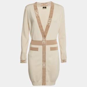 Pre Owned Elisabetta Franchi Light Beige Knit Logo Detail Button Front Cardigan Dress M