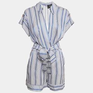 Pre Owned Elisabetta Franchi Blue Stripe Crepe Belted Playsuit S