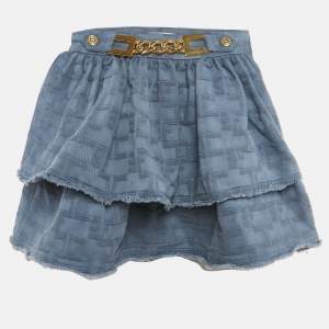Pre Owned Elisabetta Franchi Blue Logo Pattered Cotton Layered Mini Skirt S  