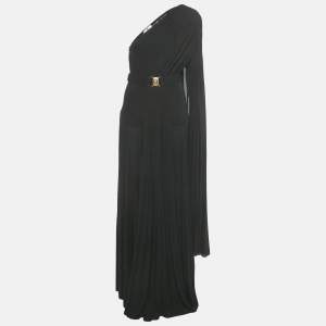 Pre Owned Elisabetta Franchi Black Lurex -Jersey One Shoulder Pleated Maxi Dress M 