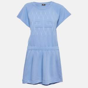 Pre Owned Elisabetta Franchi Blue Logo Embossed Cotton Blend Mini Dress L