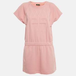 Pre Owned Elisabetta Franchi Pink Logo Embossed Cotton Knit Mini Dress L