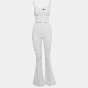 Pre Owned Elisabetta Franchi White Crepe Crop Top & Flared Pant Set M/S