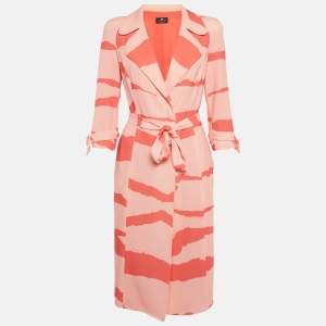 Pre Owned Elisabetta Franchi Orange/ Peach Abstract Print Crepe Belted Coat Dress S