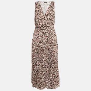 Pre Owned Elisabetta Franchi Brown Printed Crepe Pleat Detail Midi Dress M