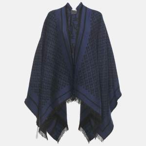 Pre Owned Elisabetta Franchi Black /Blue Lettering Intarsia Wool Blend Fringed Cape One Size   