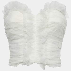 Pre Owned Elisabetta Franchi White Swiss Dot Tulle Ruffled Strapless Top S