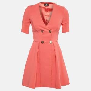 Pre Owned Elisabetta Franchi Coral Crepe Doubled Breasted Mini Dress S