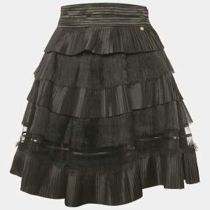 Pre Owned Elisabetta Franchi Black Tulle and Crepe Frill Tiered Mini Skirt M