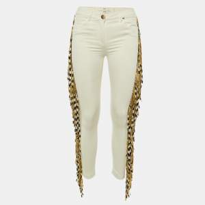 Pre Owned Elisabetta Franchi Jeans Ivory Denim Fringed Skinny Jeans S/Waist 29"