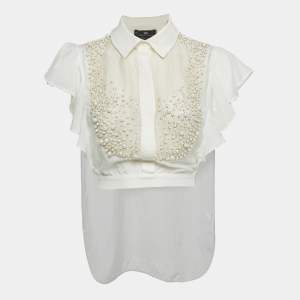 Pre Owned Elisabetta Franchi White Cotton Pearl Embellished Hem Tie Detail Side Open Top M