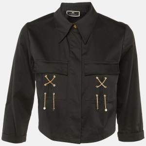 Pre Owned Elisabetta Franchi Black Cotton Knit Chain Detail Crop Jacket M