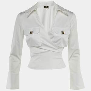 Pre Owned Elisabetta Franchi White Cotton Wrap Around Top S 