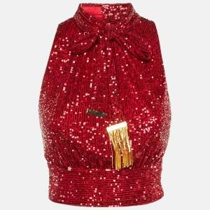 Pre Owned Elisabetta Franchi Red Sequin Halter Neck Scarf Detail Crop Top M