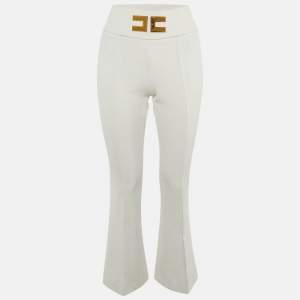 Pre Owned Elisabetta Franchi White Crepe Logo Flared Trousers S