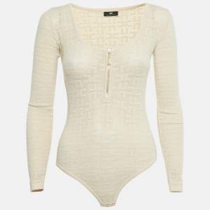 Pre Owned Elisabetta Franchi Cream Logo Jersey Bodysuit M