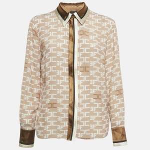 Pre Owned Elisabetta Franchi Beige / Brown Monogram Print Crepe Blouse M
