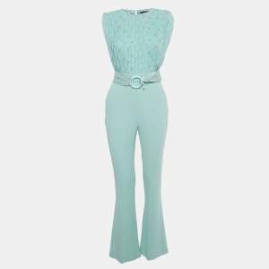 Pre Owned Elisabetta Franchi Blue Logo Print Chiffon and Crepe Jumpsuit S