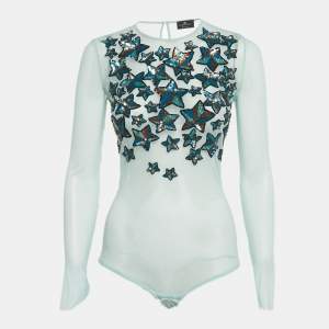 Pre Owned Elisabetta Franchi Aqua Green Embellished Star Detail Mesh Body Suit M
